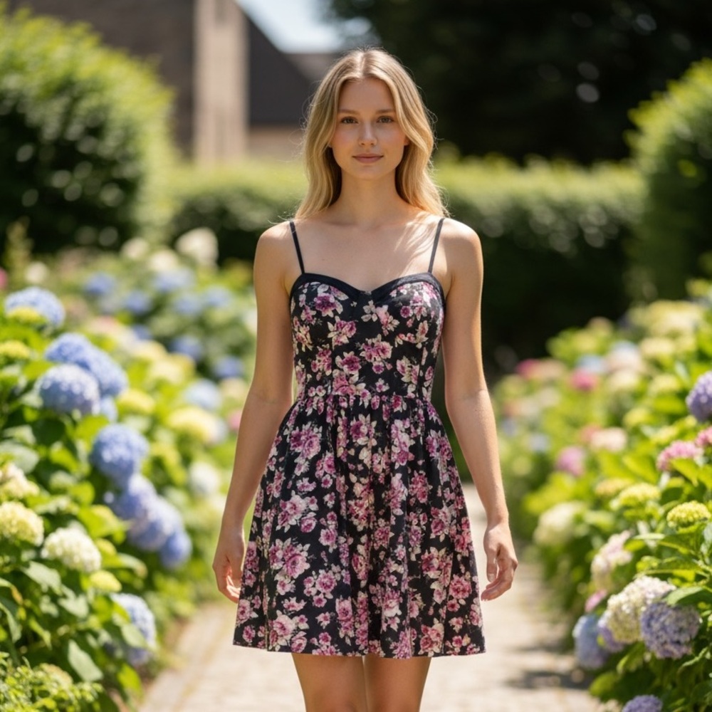 Band of Gypsies Black Pink Floral Bustier Smocked Mini Sundress S
